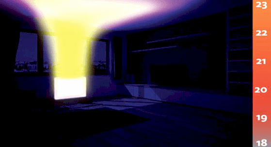 Тепловизор показывает как тепловая энергия от радиатора, с потоком воздуха, устремляется вверх, под потолок