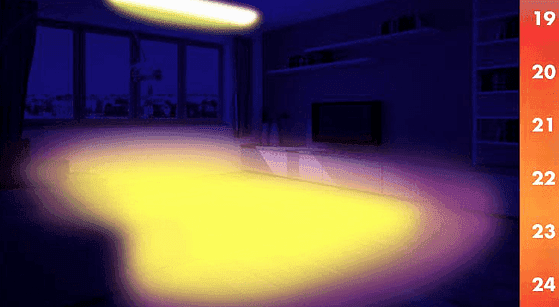 Тепловизор показывает как лучистая тепловая энергия идет от одного инфракрасного обогревателя к полу